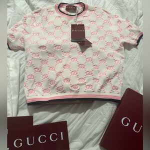 Authentic Gucci GG Jaquard knit top pink white navy new this season BNWT& Box